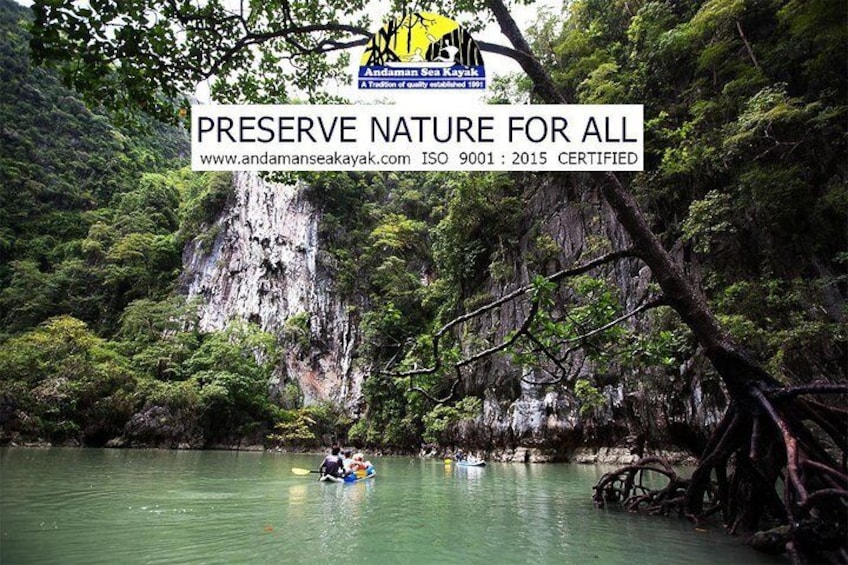 A kayaker on a river surrounded by lush greenery and rocky cliffs. 4