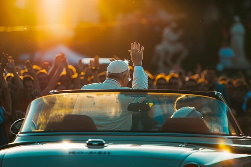 A vintage car with a person waving from the back, surrounded by a crowd at an outdoor event. 3