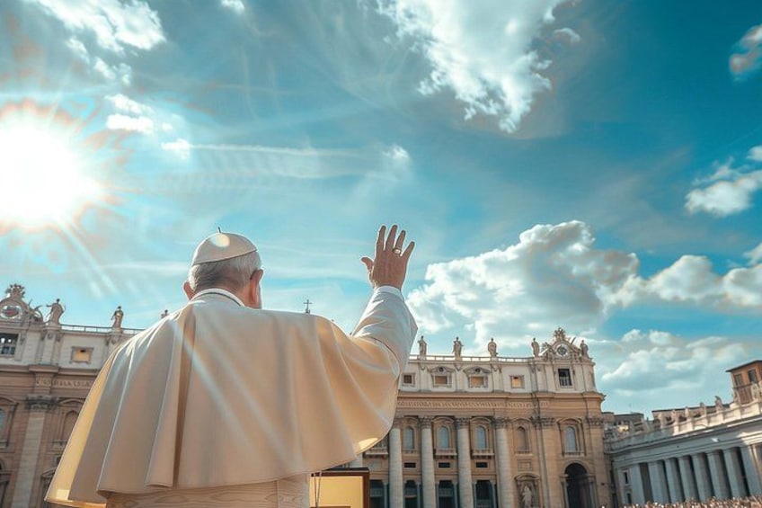 A person in a white robe and hat, standing in front of a grand building with columns and statues, under a clear sky with the sun shining. 4