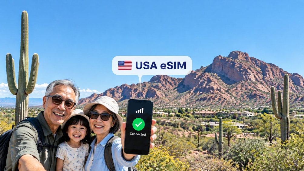 A family taking a selfie with a smartphone displaying a USA eSIM connection confirmation. 1