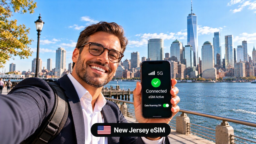 A person holding a smartphone displaying a 5G connection status in a cityscape with a river and skyscrapers. 3