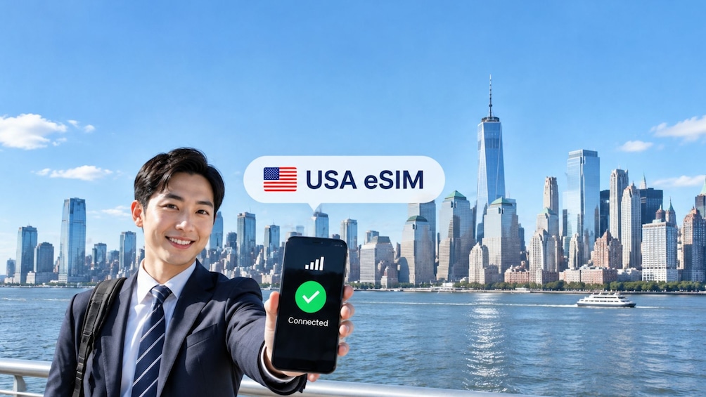 A person holding a smartphone with a 'Connected' screen, standing in front of a city skyline with a river and a boat in the foreground. 1