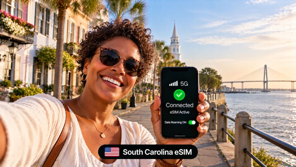 Eine Person hält ein Smartphone, das eine 5G-Verbindung in South Carolina anzeigt. 1
