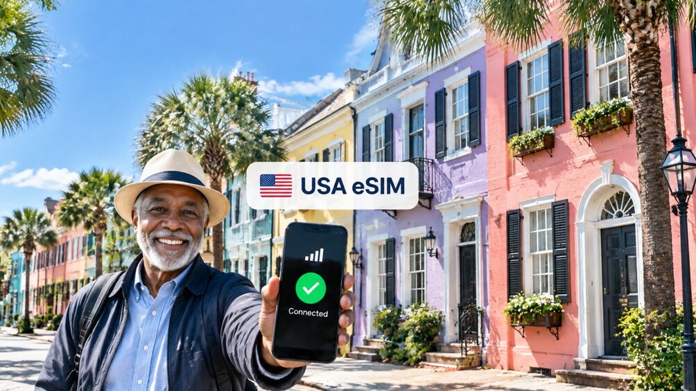 A person holding a smartphone with a USA eSIM logo and a connected signal icon. 1