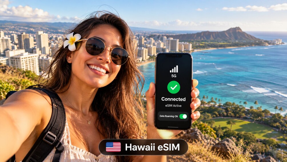 A person holding a smartphone displaying a 5G connection status with 'Connected' and 'eSIM Active' messages, and a 'Data Roaming ON' toggle. 1