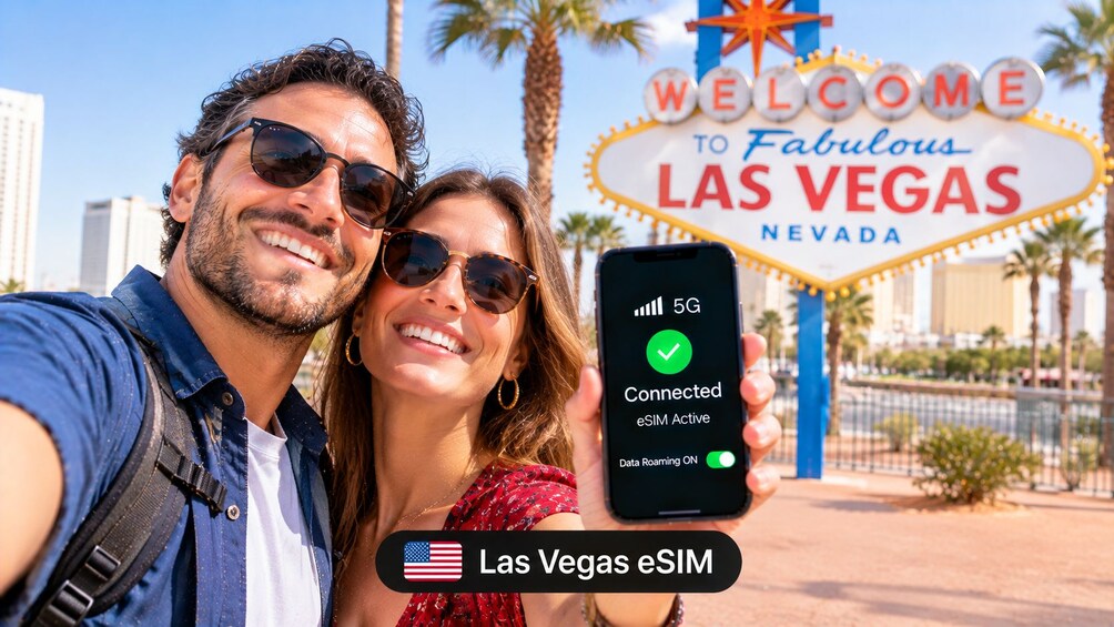 A couple taking a selfie in front of the Las Vegas sign with a smartphone displaying a 5G connection. 1