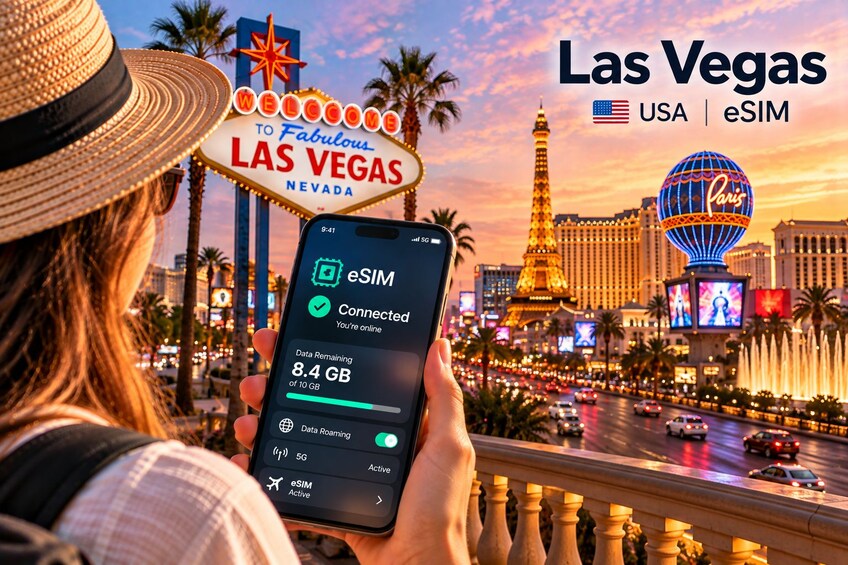 A person holding a smartphone with eSIM connected, displaying data usage, in front of the Las Vegas sign and the Eiffel Tower. 5