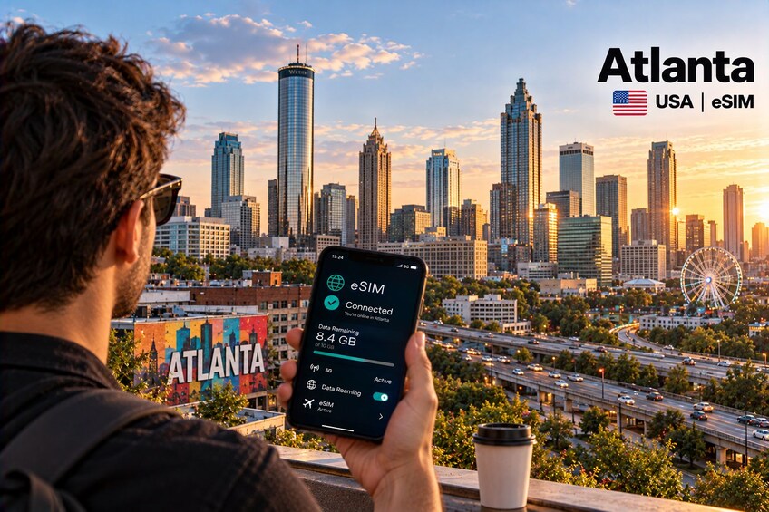 Una persona che tiene in mano uno smartphone con roaming dati eSIM attivo, con vista sullo skyline di Atlanta e una ruota panoramica all'orizzonte. 1