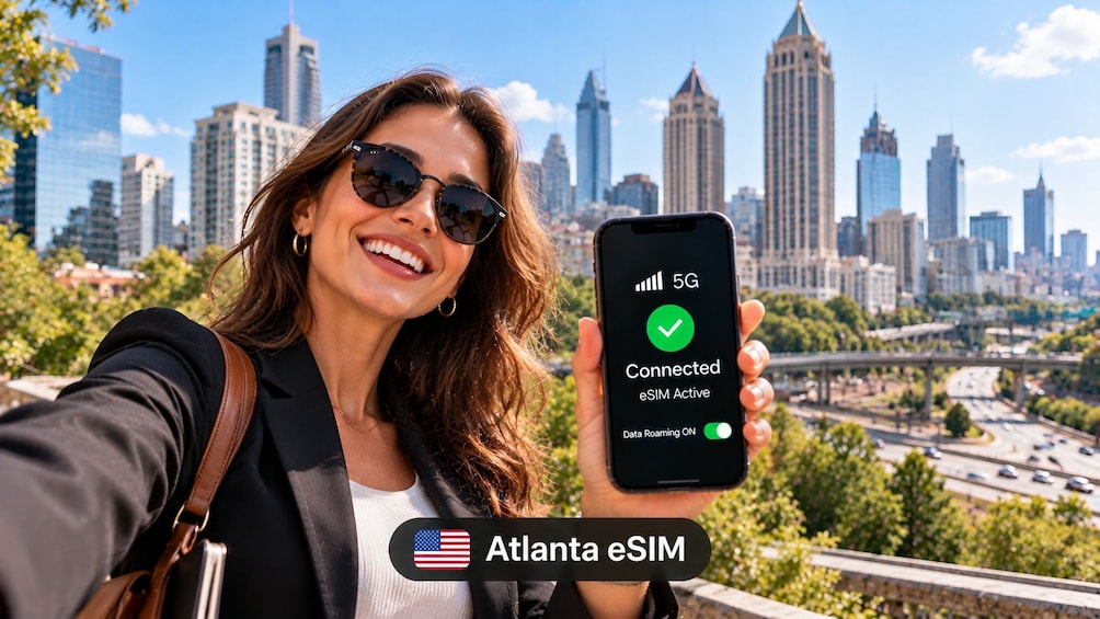 Eine Person hält ein Smartphone mit 5G-Verbindung und eSIM-Aktivierung in Atlanta. 1