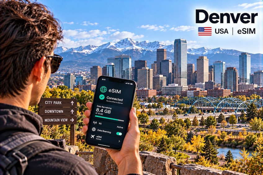 A person holding a smartphone with eSIM data remaining, overlooking a cityscape with mountains in the background. 5