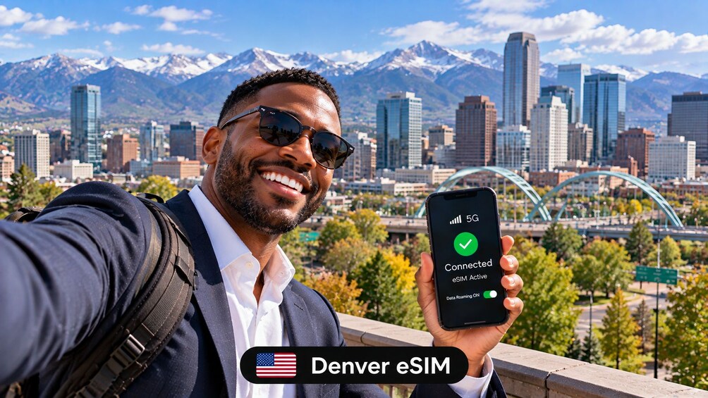 A person holding a smartphone displaying a 5G connection status in a cityscape with mountains in the background. 1