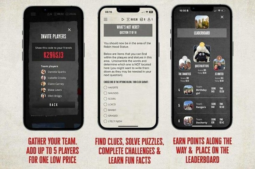 Tre dispositivi mobili che mostrano interfacce di gioco diverse. 5