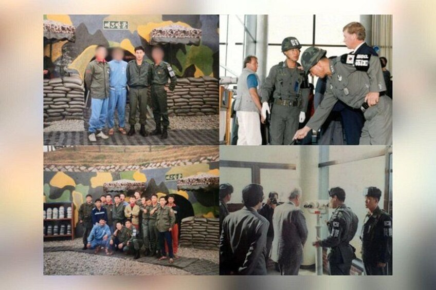 A group of people in military uniforms posing in front of a camouflage wall. 4