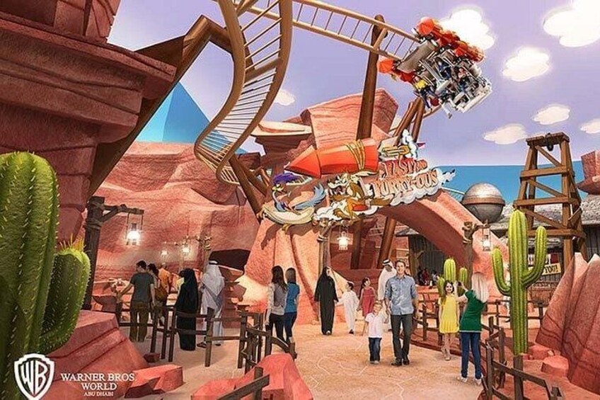 A desert-themed amusement park with a roller coaster, cacti, and wooden structures. 4