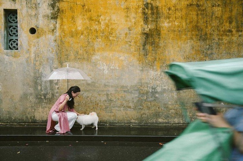 A person in pink attire crouching next to a white dog on a street with a yellow wall in the background. 5