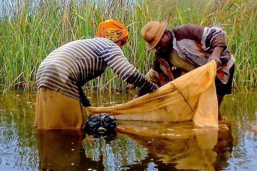 Two people wading through water, one holding a yellow net. 1