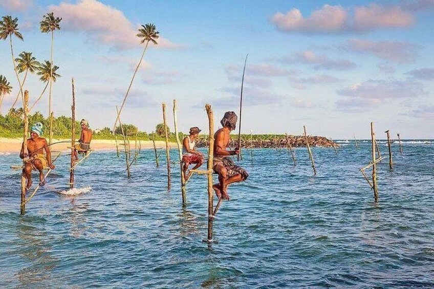 Menschen stehen auf Stelzen im Wasser, Palmen und ein Strand im Hintergrund. 1