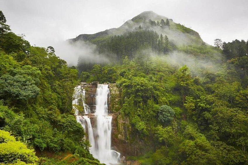 Une cascade entourée d’une forêt verdoyante et d’une montagne enveloppée de brume. 4