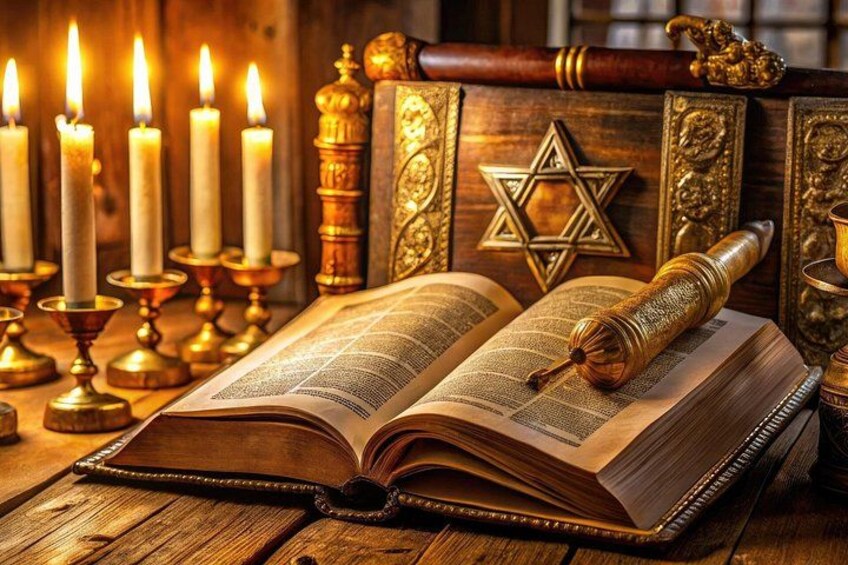 An open book with a rolled-up scroll, candles, a Star of David, and a wooden box with ornate designs. 2