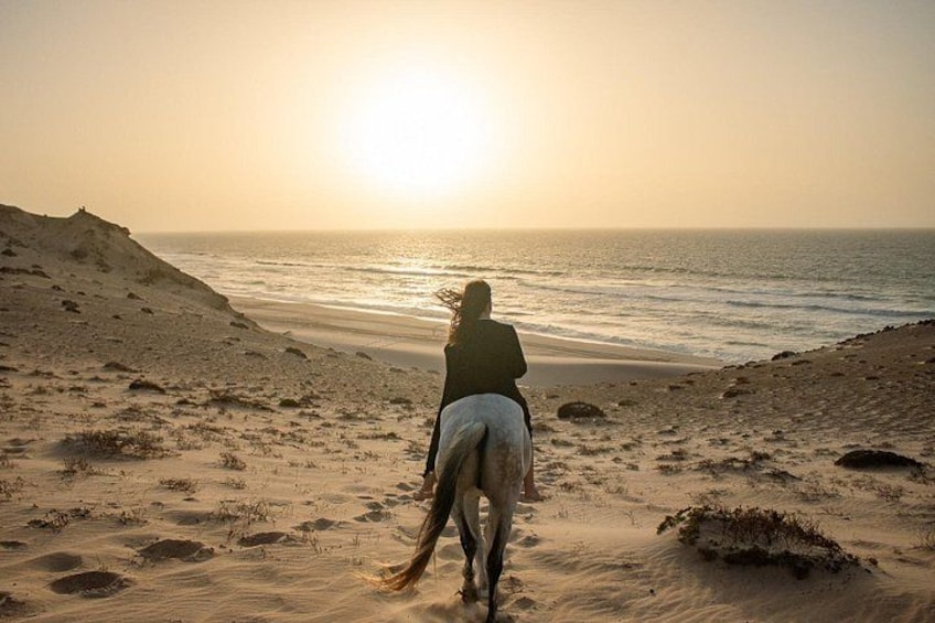 Une personne à cheval sur une plage de sable, avec l’océan et un coucher de soleil en arrière-plan. 2