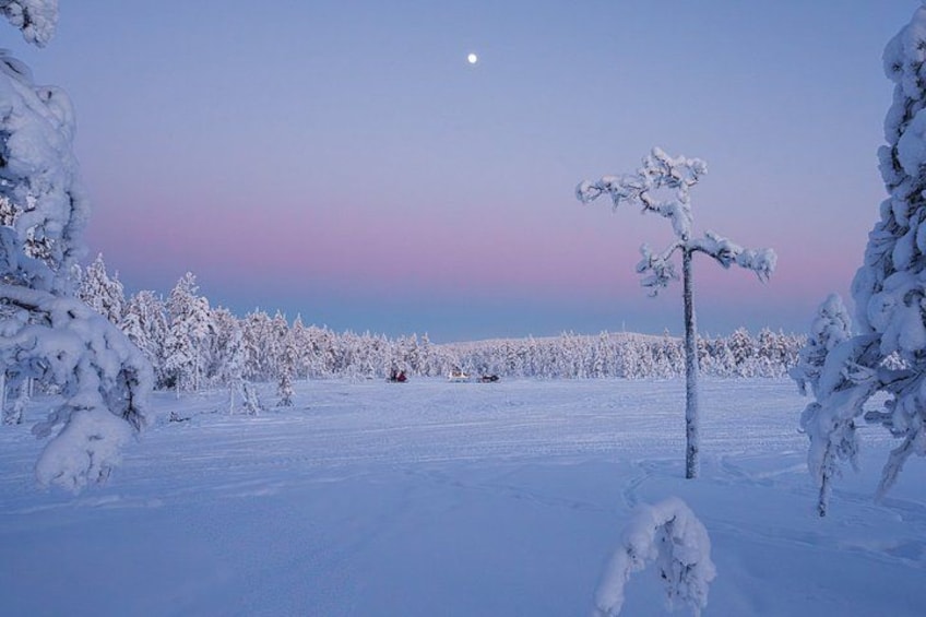 Un paisaje nevado con cielo despejado y una luna visible. 3