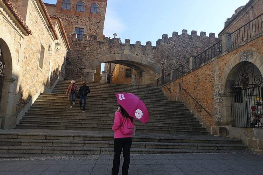 A person in a pink jacket descending a stone staircase towards a historic building with a castle-like structure in the background. 1