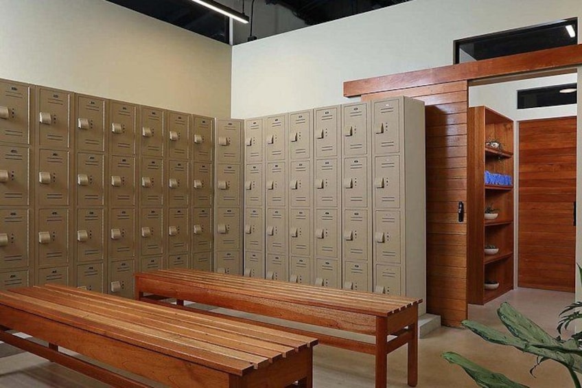 Vestuario con varios casilleros, bancos de madera y una planta. 3