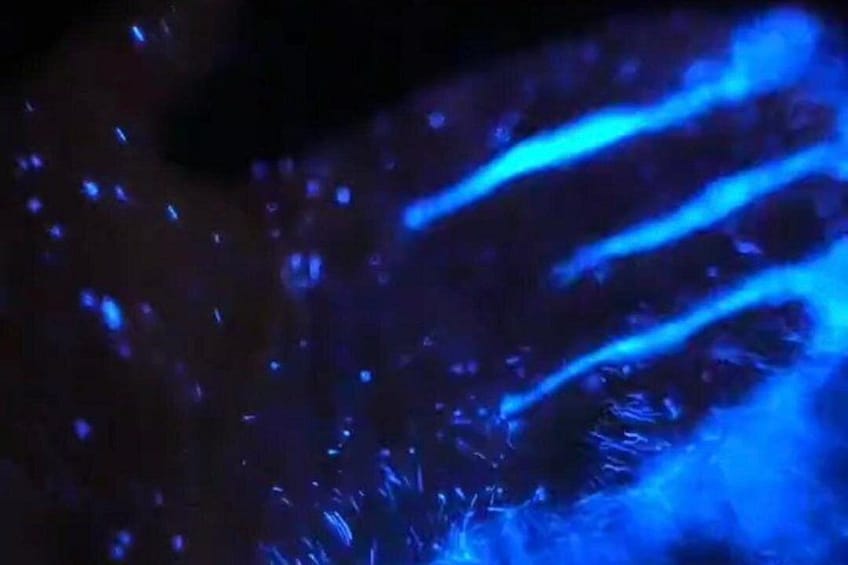 Eine dunkle Szene mit blauen Lichtstreifen. 4
