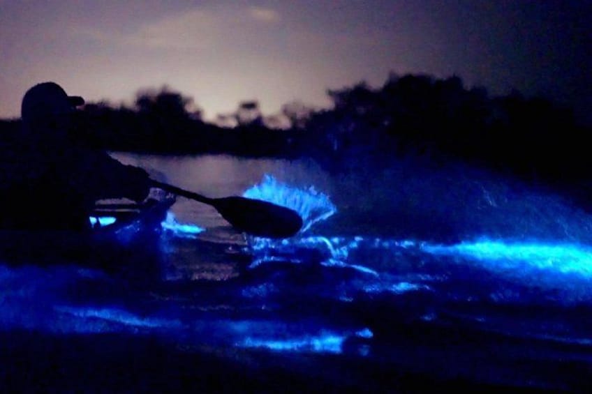 A person kayaking at night with blue lights. 4