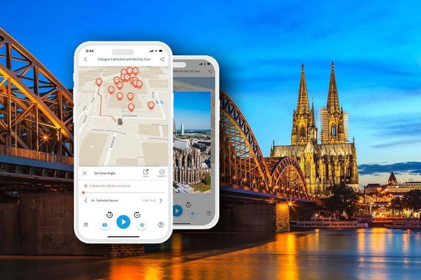 A smartphone displaying a map with a cathedral and city tour route, a bridge, and a cathedral with twin spires. 1