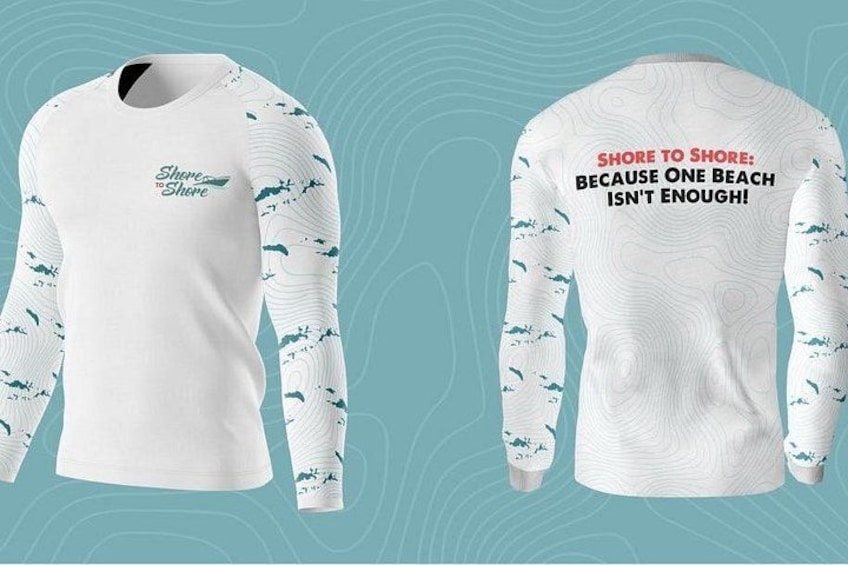 A white long-sleeve shirt with a coastal print and text on the back. 3