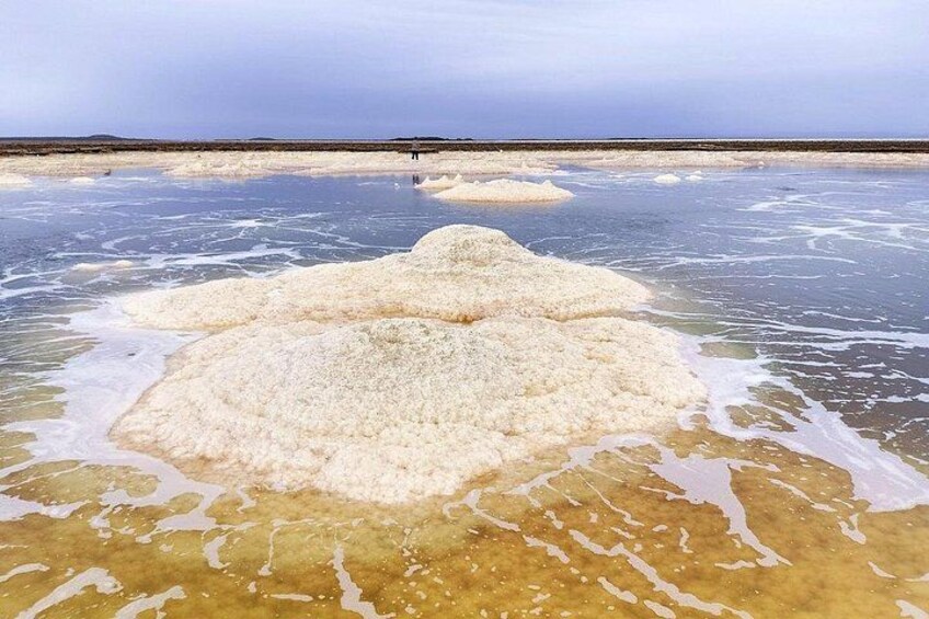 A salt flat with white salt formations and a flat horizon. 4