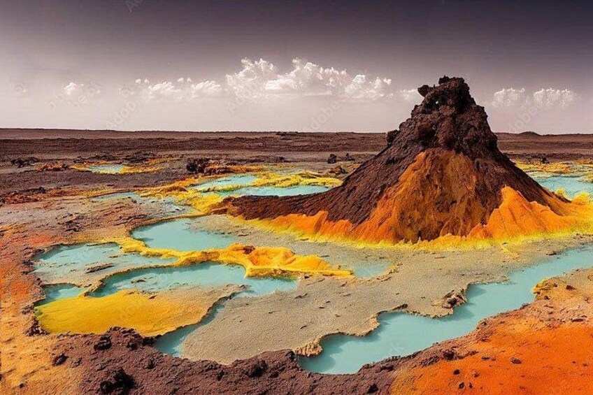 A geothermal landscape with a prominent volcanic cone and colorful mineral pools. 1