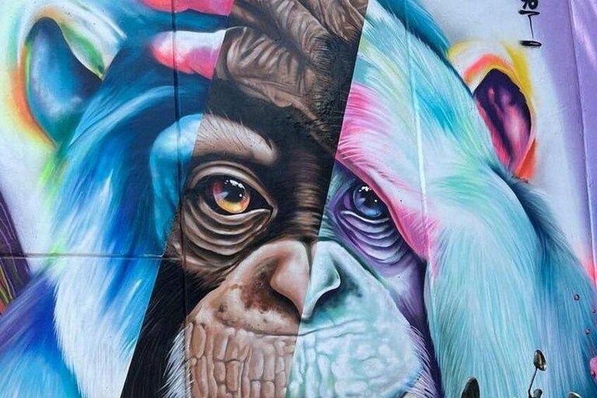 Un mural colorido con patrones abstractos y una vista parcial de un rostro. 2