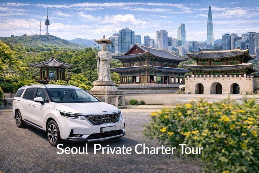Un SUV bianco parcheggiato di fronte a un'architettura tradizionale coreana, con sullo sfondo un moderno skyline cittadino. 1