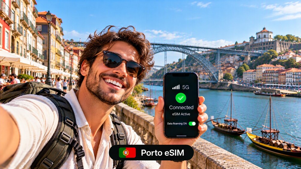 A person holding a smartphone displaying a 5G connection status with a Portuguese flag. 1