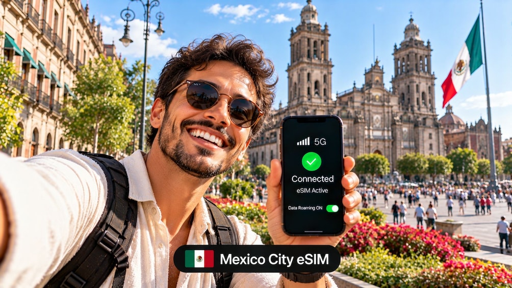 Henkilö pitää kädessään älypuhelinta, jonka näytöllä näkyy 5G-yhteyden tila Mexico Cityssä. 2