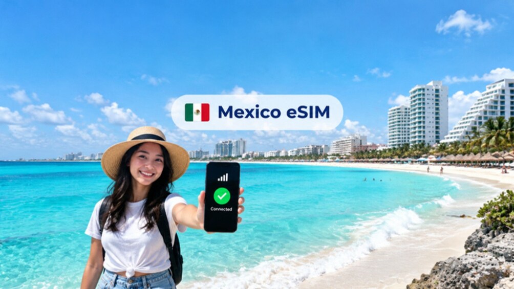 A beach scene with clear turquoise waters, a woman holding a smartphone with a connected signal, and a cityscape in the background. 1