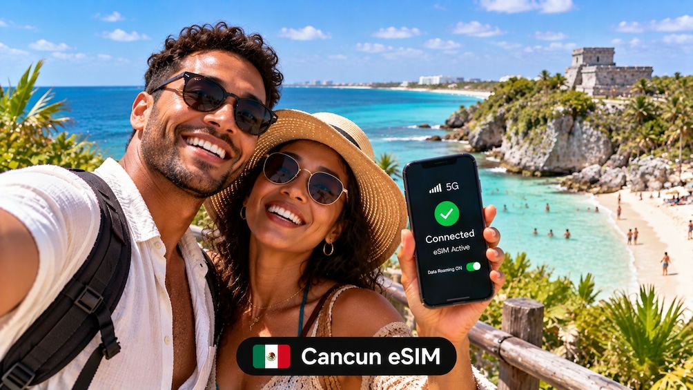 A couple taking a selfie with a smartphone displaying a 5G connection in Cancun. 3