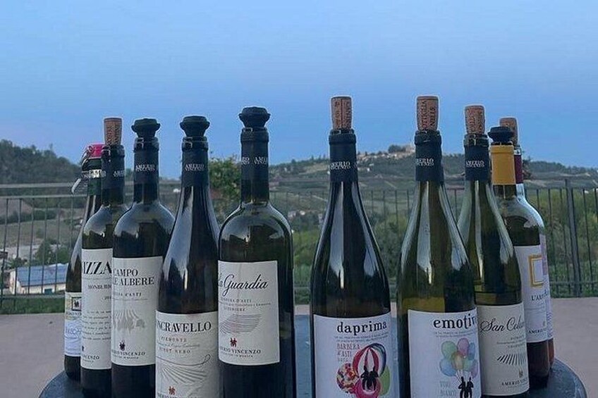 Una hilera de botellas de vino sobre una mesa, con una vista panorámica de colinas al fondo. 2
