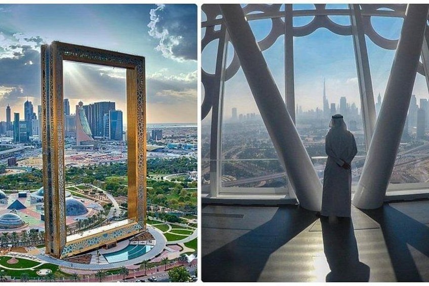 A large framed mirror reflecting a cityscape, a person standing by a window overlooking a city, and a view of a city skyline through a window with a person inside. 3