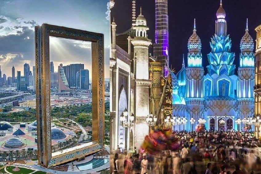 A cityscape with a large, ornate building and a crowd of people. 1
