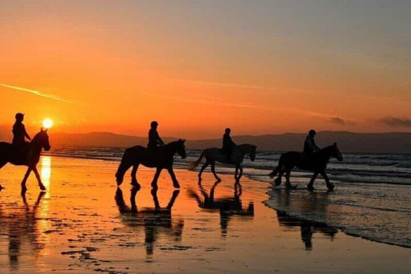 Silhouetten von Reitern an einem Strand bei Sonnenuntergang. 5