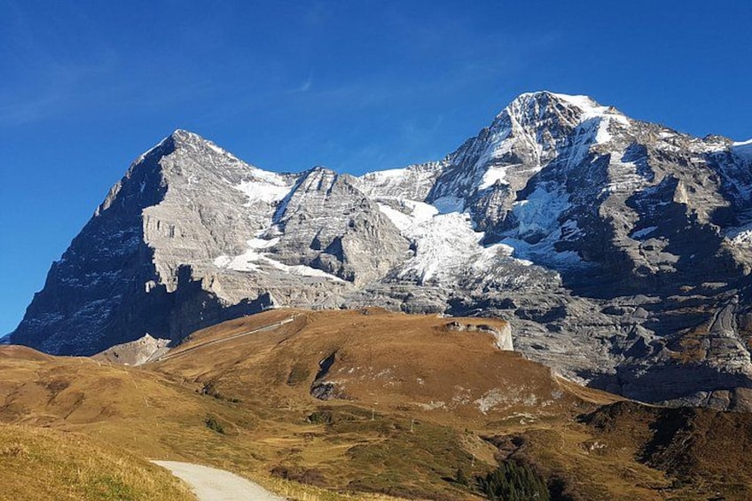 A snow-capped mountain with a clear sky, a winding road, and a grassy valley. 4