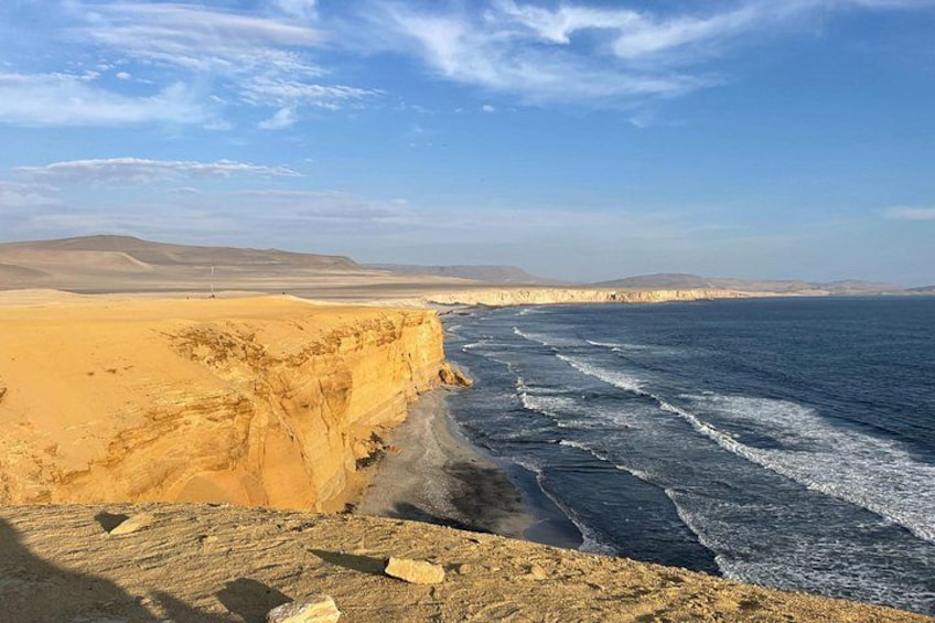 Een kustlandschap met een zandstrand, oceaan en heuvels in de verte. 4