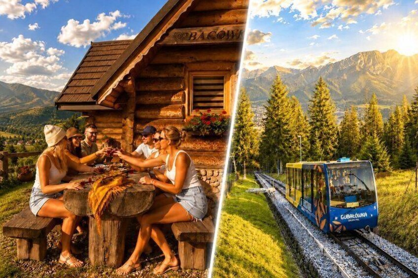 A wooden cabin with a group of people dining, and a blue train on tracks with a mountainous landscape in the background. 1