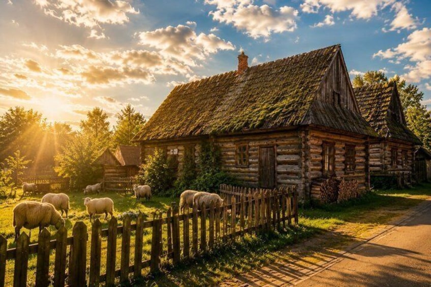 A rustic log cabin with a thatched roof, surrounded by a wooden fence, and sheep grazing in the foreground. 5