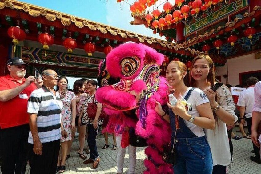 A traditional Chinese lion dance with a bright pink lion costume, a crowd of spectators, and a temple with red lanterns. 3