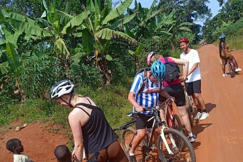 A group of cyclists on a dirt road surrounded by banana trees. 4