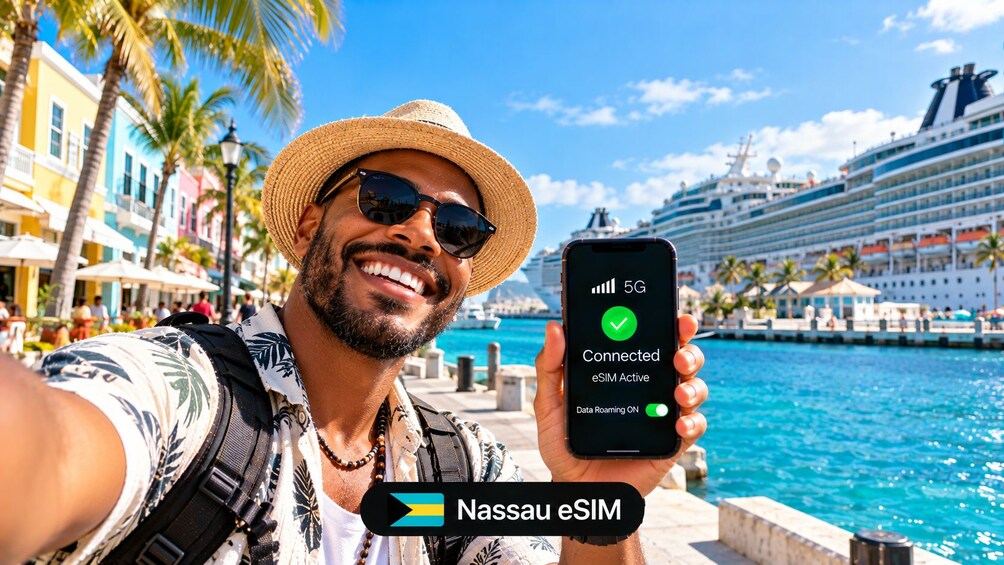 En person holder en smartphone, der viser en 5G-forbindelse. 1